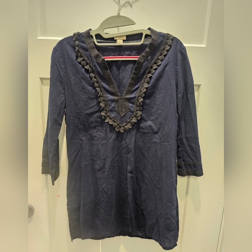 J.Crew Navy Pom Pom Trim Tunic Top XS 100% Cotton 3/4 Sleeve Blouse